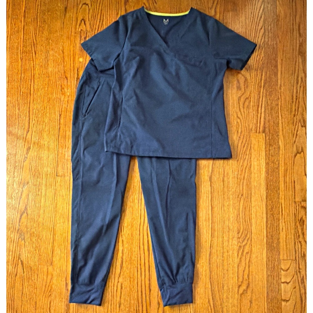 Medelita Women's Navy Scrub Set Top & Pants Size L Polyester